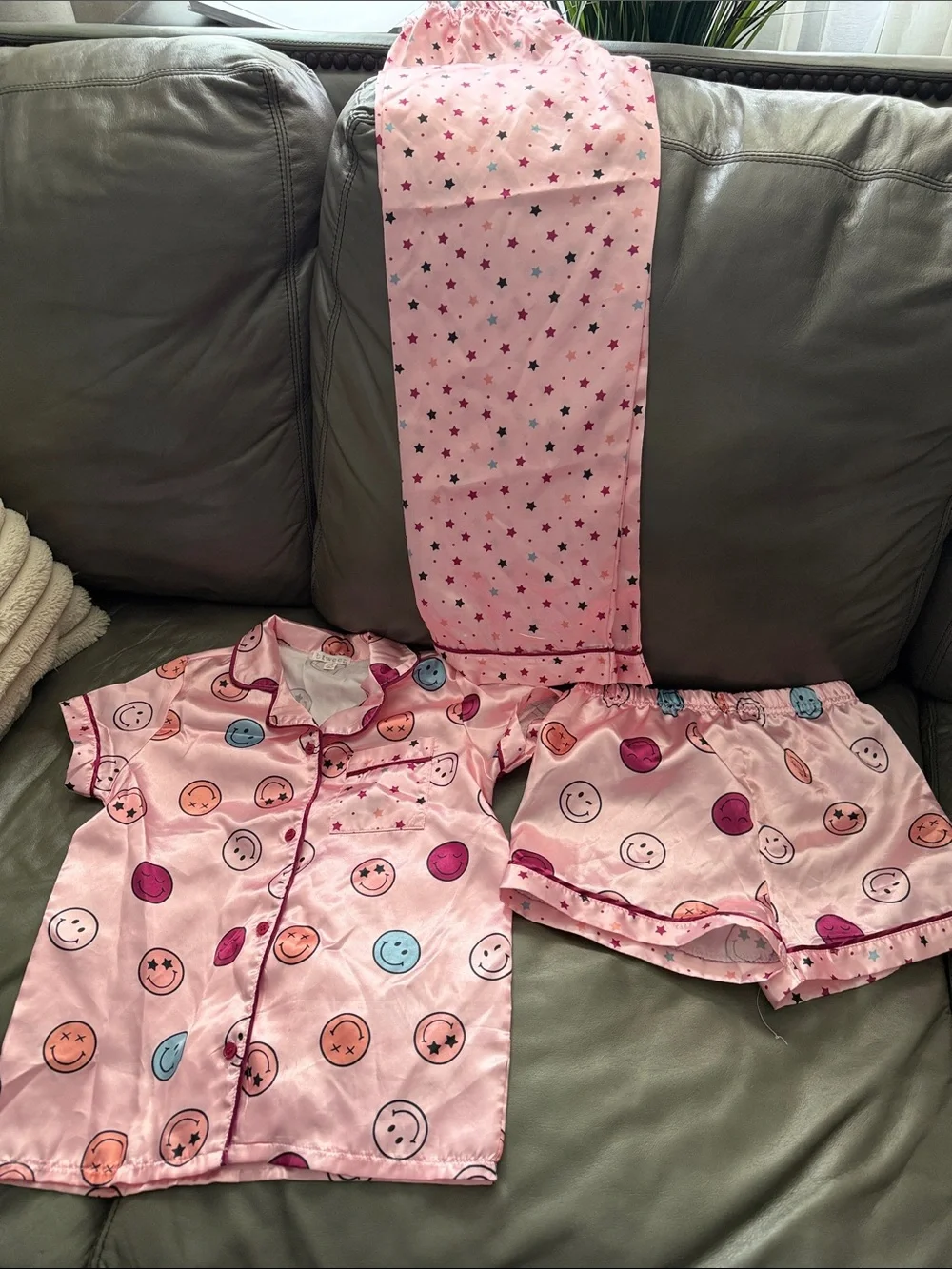 Kids Pink Star & Smiley Face Satin Pajama Set - 3-Piece